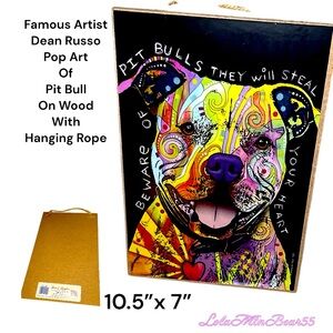 FAMOUS ANIMAL ARTIST DEAN RUSSO VIBRANT POP ART UNIQUE PIT BULL ON WOOD BACKING